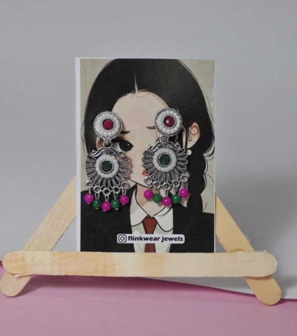 Pink & Green Beaded Silver Oxidised Stud Jhumka